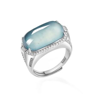 Natural A-grade jadeite blue water saddle ring ice jade S925 silver inlaid fashion ring men's ring adjustable
